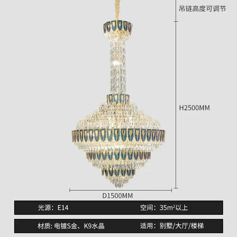 A decorbites crystal chandelier with gold-plated metal accents and blue-tinted crystals measuring 2500mm height
