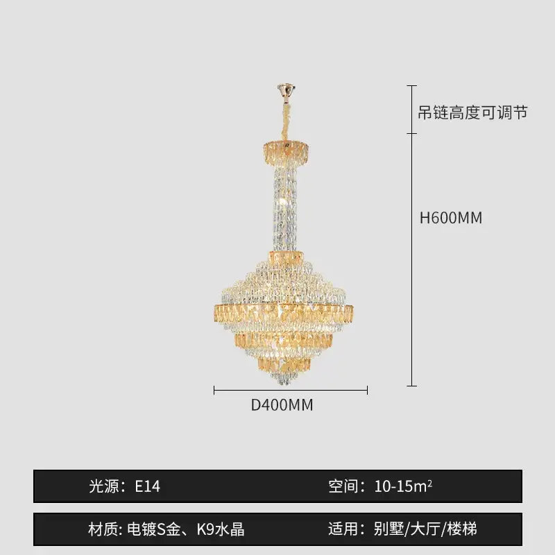 DecorBites crystal chandelier multi-tiered golden finish with clear crystals adjustable height for duplex living rooms