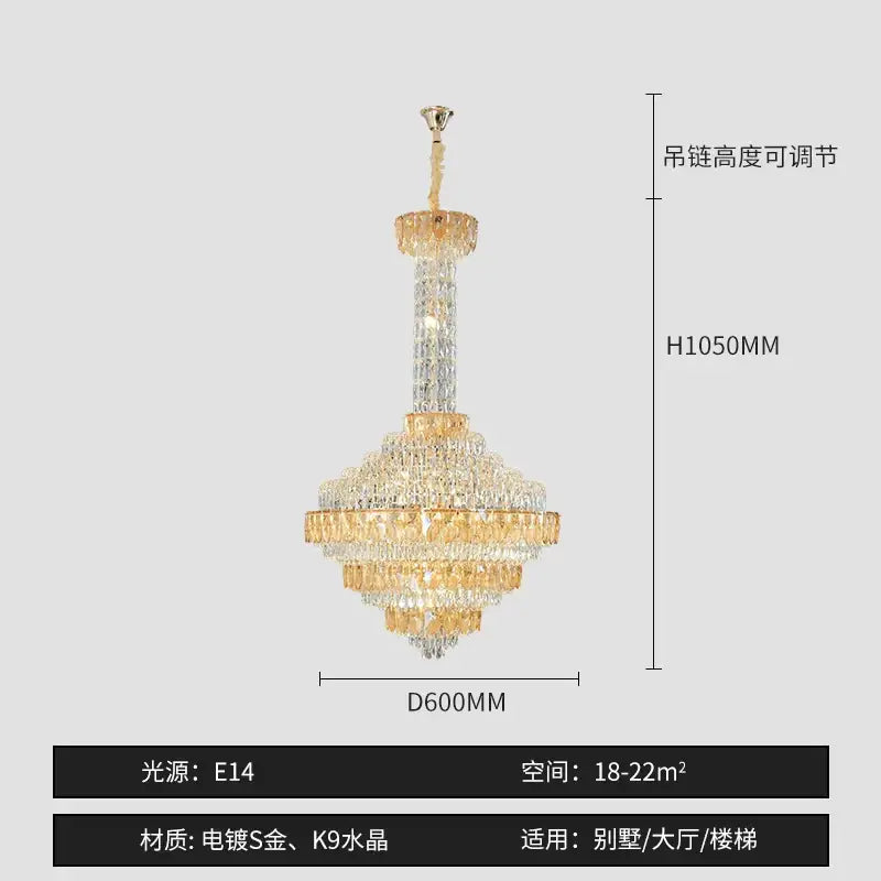 Gold-plated decorbites crystal chandelier with multi-tier clear and amber k9 crystals for high-end duplex living room