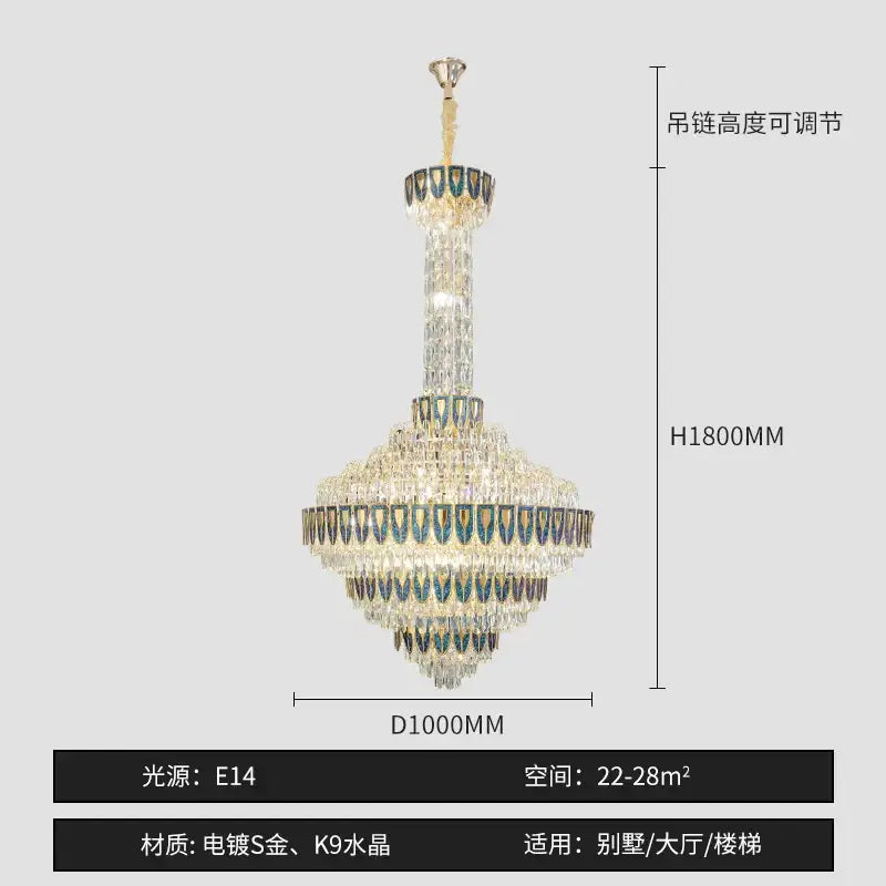 A luxurious decorbites crystal chandelier with gold-plated s-gold and blue-tinted k9 crystal droplets for duplex living room