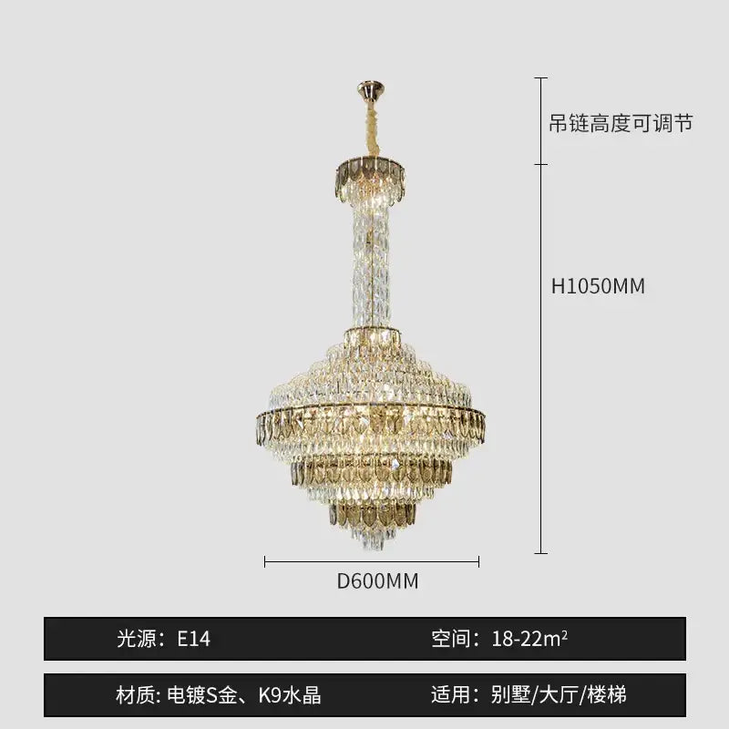 DecorBites crystal chandelier with gold-plated frame and clear k9 crystals for high-end designer duplex living room