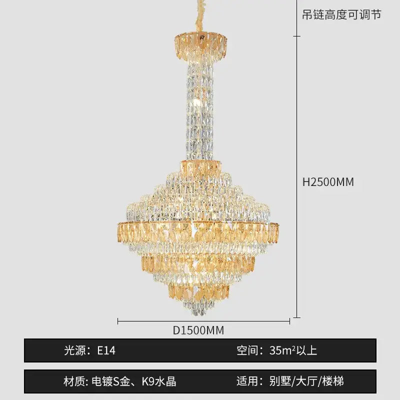 Decorbites crystal chandelier with gold-toned metal and clear k9 crystals featuring adjustable hanging height for duplex living room