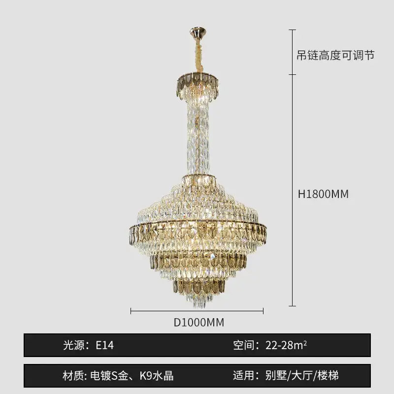 Luxurious decorbites crystal chandelier with cascading clear and gold k9 crystals and electroplated brass for duplex living room
