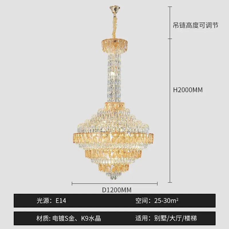 A luxurious gold-toned decorbites crystal chandelier with amber and clear k9 crystal droplets for designer duplex living room