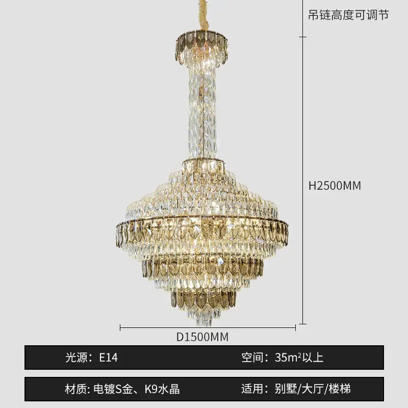 Luxurious gold-plated decorbites crystal chandelier with amber and clear k9 crystal droplets for high-end duplex living room