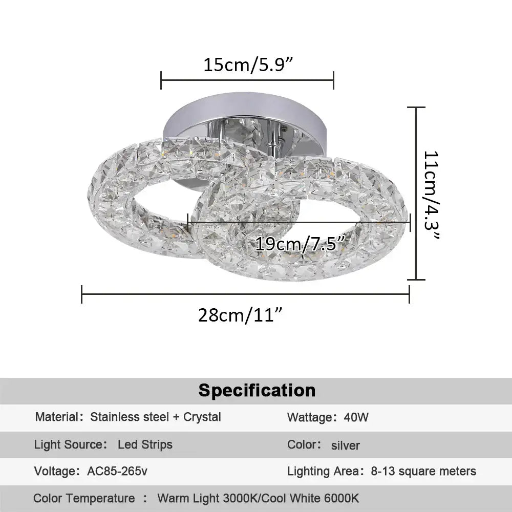 Silver decorbites crystal chandelier ceiling light fixture with two interlocking crystal rings and stainless steel base