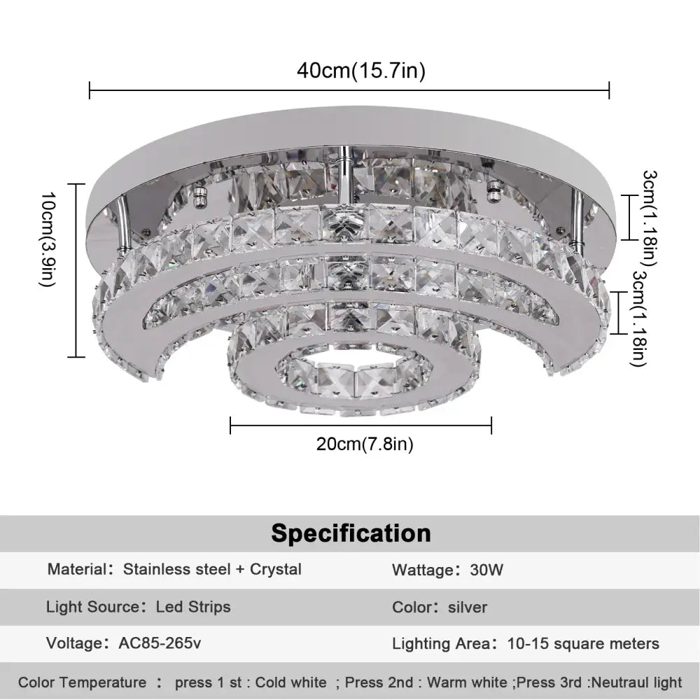 Silver circular decorbites crystal chandelier ceiling light fixture with three faceted crystal rings in stainless steel frame