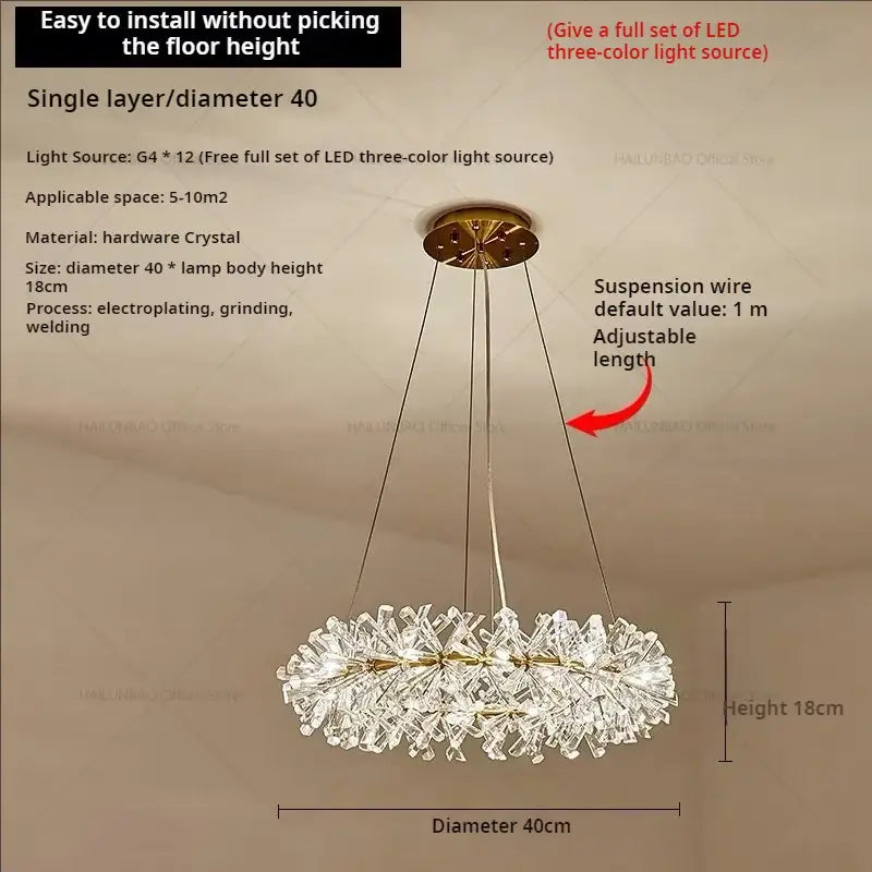 A decorbites crystal chandelier with clear hardware crystals and brass fixture for elegant living and dining rooms