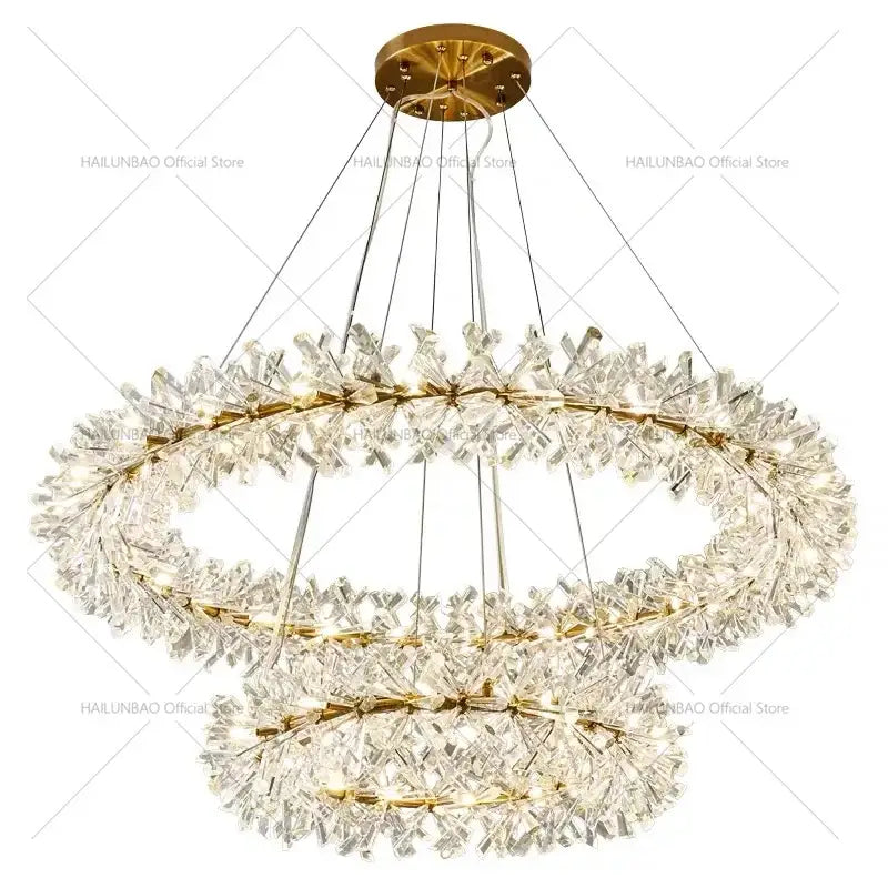 Decorbites crystal chandelier gold-toned double-ring design with cascading clear crystal shards for elegant living room lighting