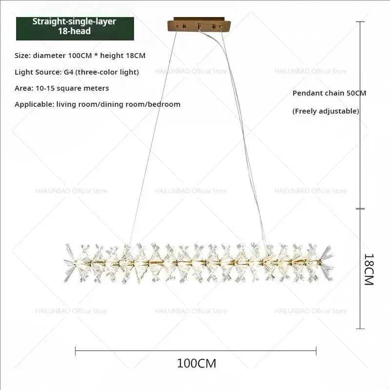 A modern decorbites crystal chandelier with 18 brass-finished pendant lights for elegant living and dining rooms
