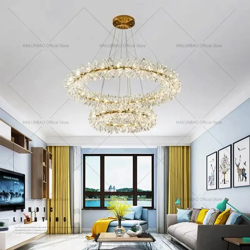 A luxurious gold-toned decorbites crystal chandelier with two concentric rings and sparkling crystals for elegant lighting