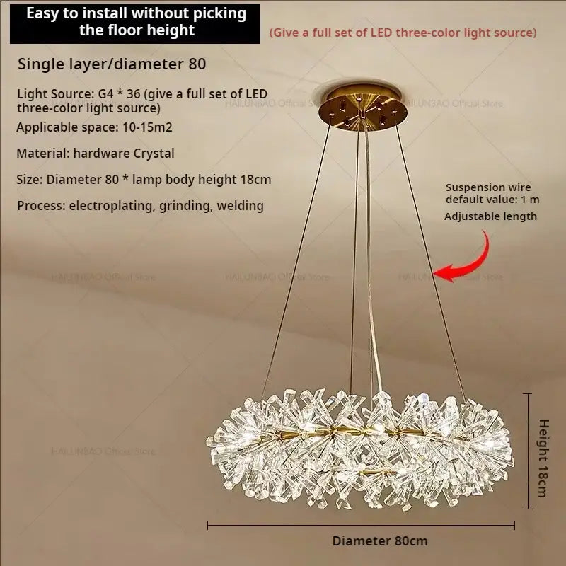 A decorbites crystal chandelier with a gold-toned metal frame and clear crystal prisms for elegant living room lighting
