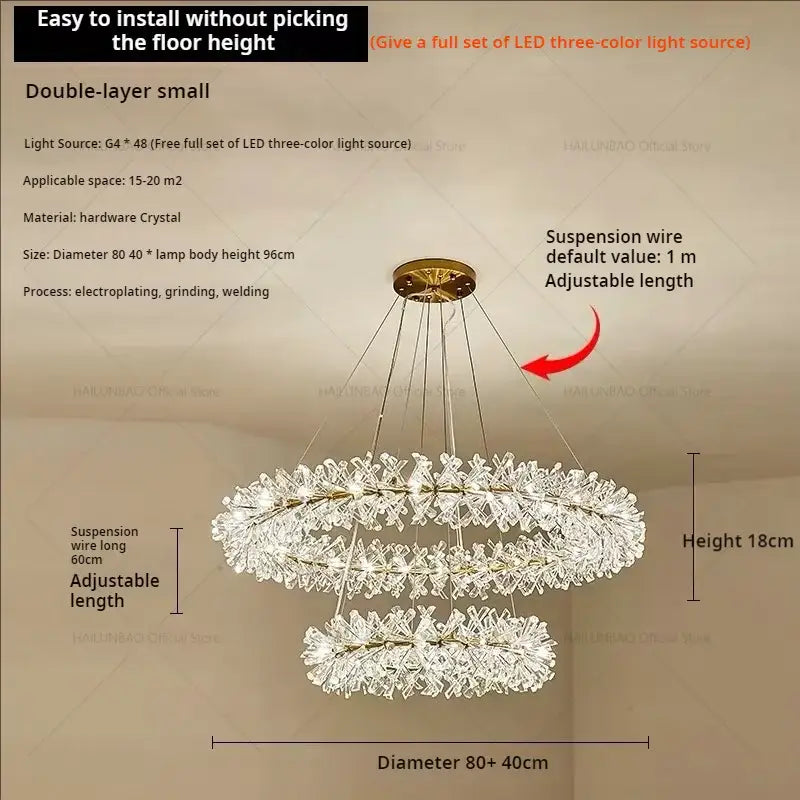 A double-layered decorbites crystal chandelier with intricate hardware crystal design and golden ceiling mount for elegant lighting