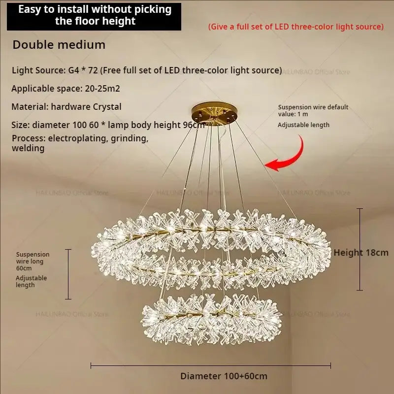 DecorBites crystal chandelier double-tiered gold frame with clear floral crystals for elegant living and dining room lighting