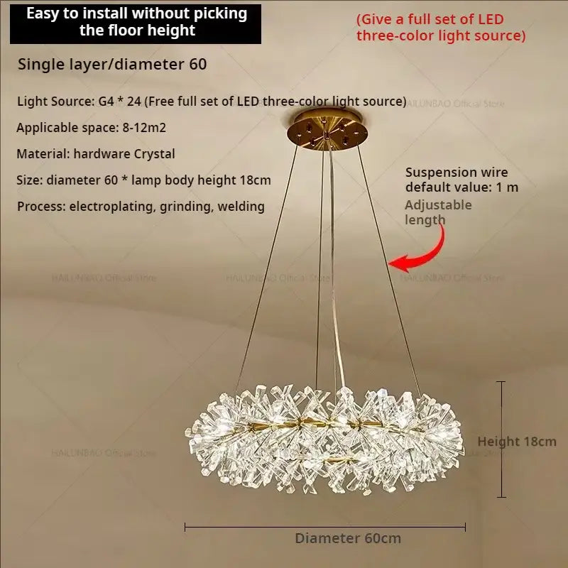 A decorbites crystal chandelier with clear hardware crystals and gold-toned metal wires for elegant living room lighting