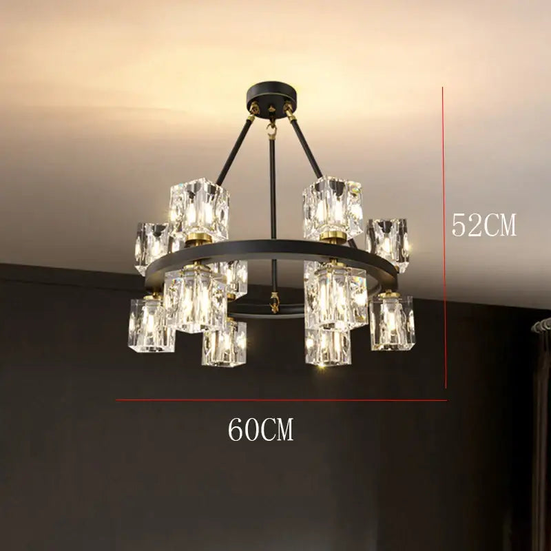 Black metal decorbites crystal chandelier with clear crystal cube shades and gold accents for living and dining room lighting