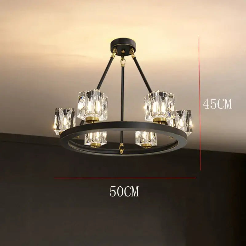 Black metal decorbites crystal chandelier with gold accents and crystal glass shades for living and dining room lighting