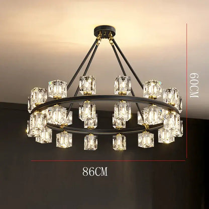 Black metal decorbites crystal chandelier with two tiers of faceted crystal cubes and gold-toned accents for living and dining room lighting