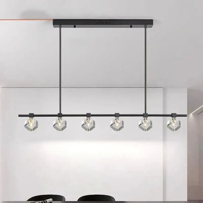 Black modern decorbites crystal chandelier with five hexagonal crystal-like shades and sleek horizontal bar design for living room