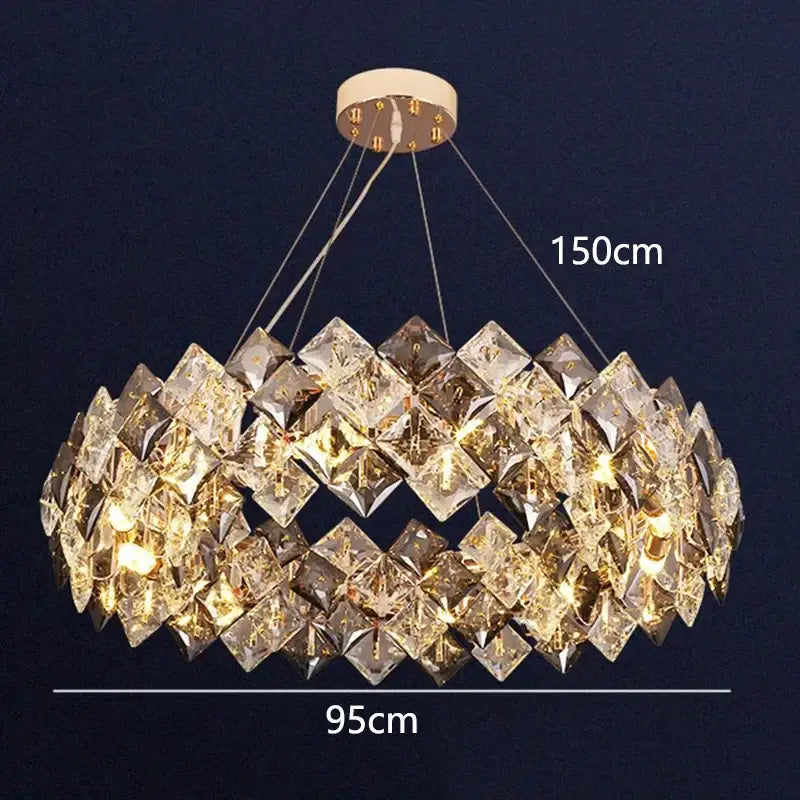 DecorBites crystal chandelier luxury double-tiered faceted crystal prisms gold ceiling mount for living and dining room