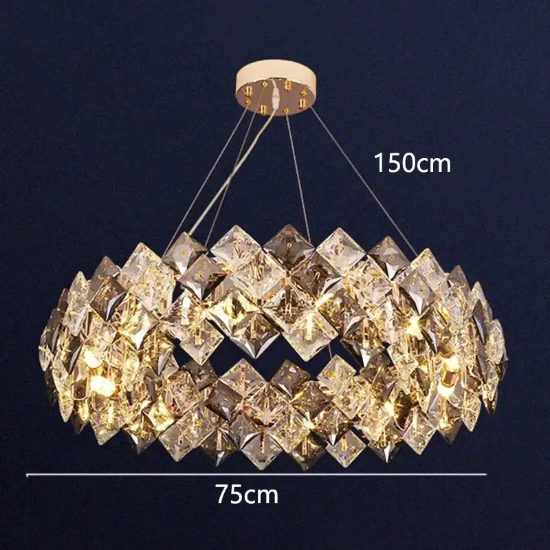 Luxurious gold-toned decorbites crystal chandelier with circular tiers of faceted glass for living and dining rooms