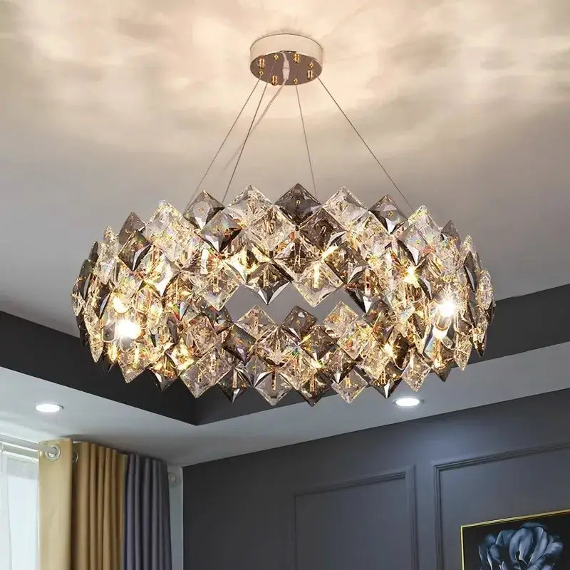 DecorBites crystal chandelier with faceted crystals and warm golden lighting for living and dining rooms