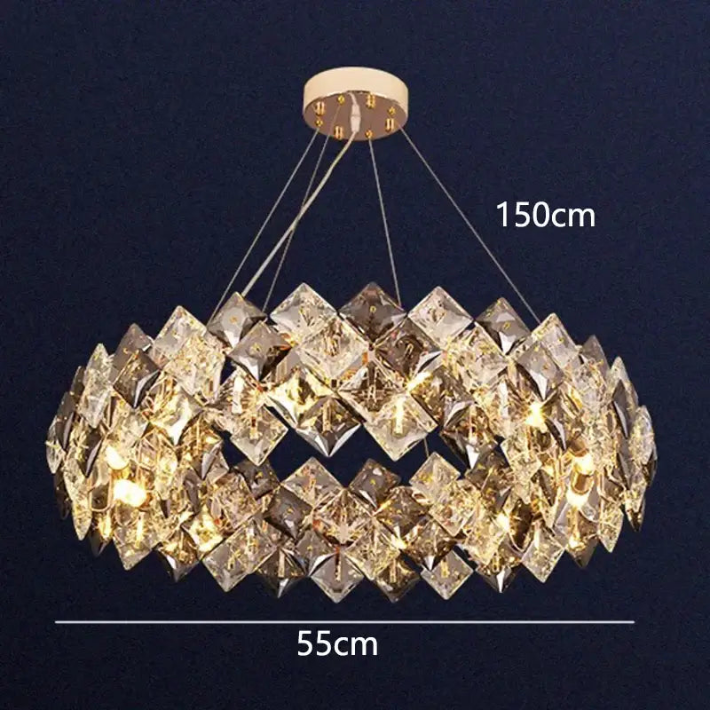 DecorBites crystal chandelier with gold-toned circular design and faceted glass tiers for luxury living room lighting