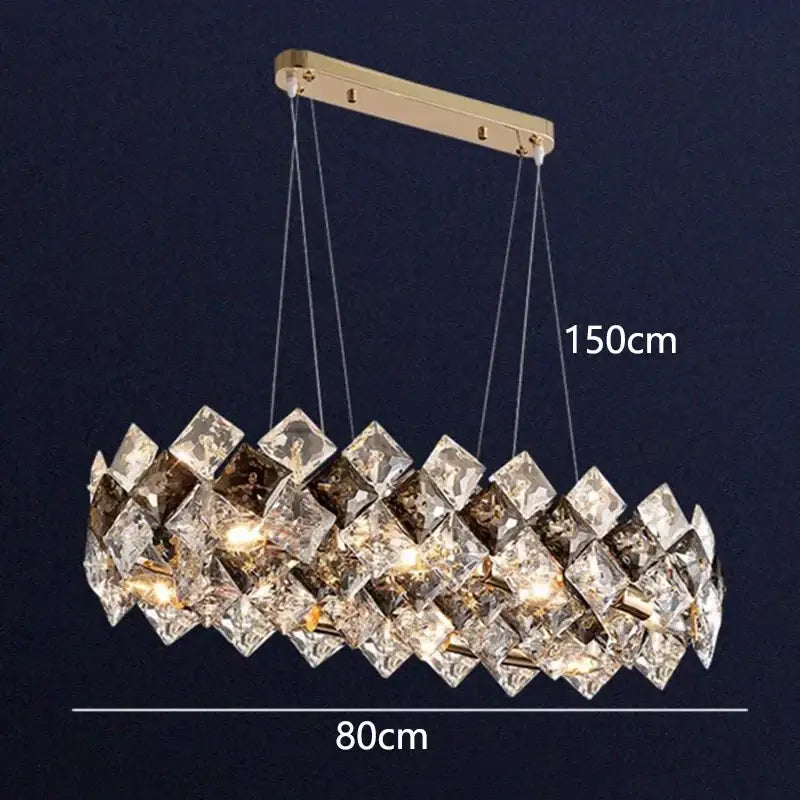 DecorBites crystal chandelier with oval gold metal frame and faceted crystal squares for living and dining rooms