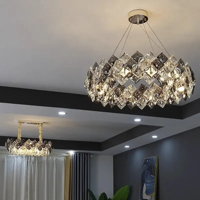 DecorBites crystal chandelier with faceted crystal layers suspended by thin metallic wires for luxury living room lighting