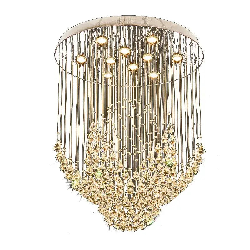 Gold-toned decorbites crystal chandelier with cascading crystal droplets and circular metal frame for living spaces