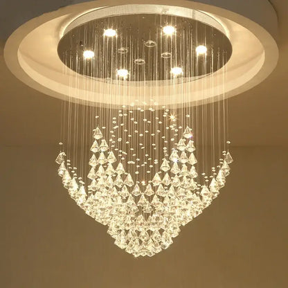 A modern circular decorbites crystal chandelier with cascading prisms and led lights for living room and bedroom