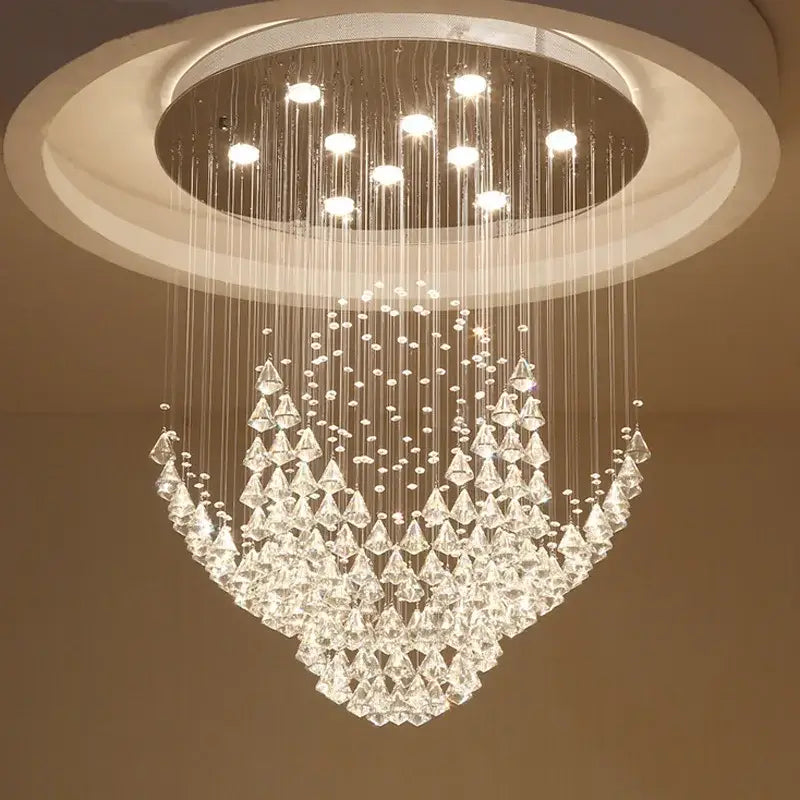 Crystal chandelier by DecorBites with cascading triangular prisms and spherical beads for living room and dining room
