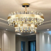 Gold-toned decorbites crystal chandelier with double-tier cascading clear crystal prisms for living room lighting