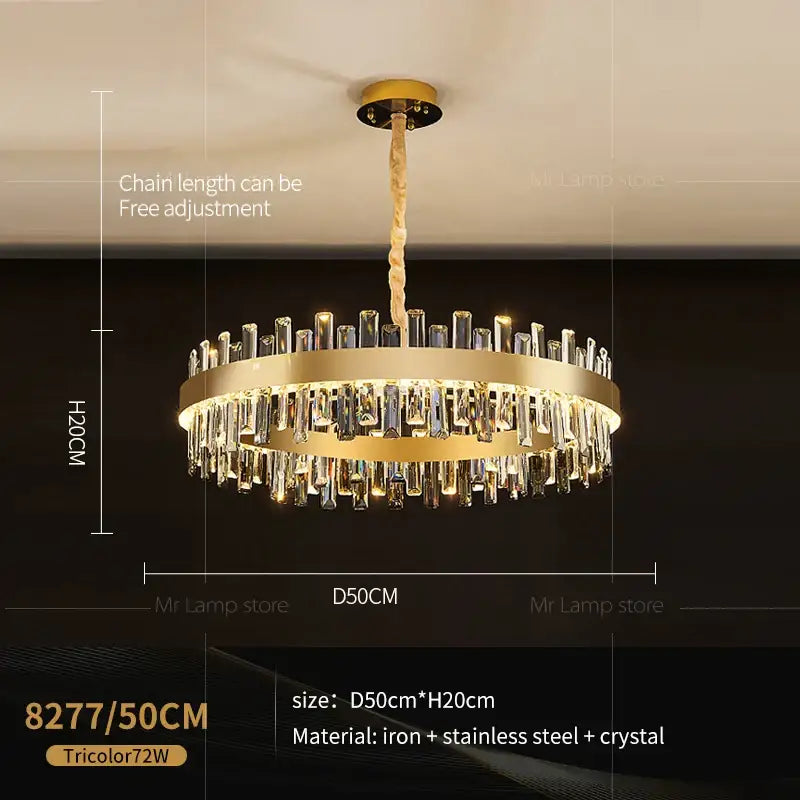 Gold-toned circular decorbites crystal chandelier with cascading clear crystal rods on iron and stainless steel frame