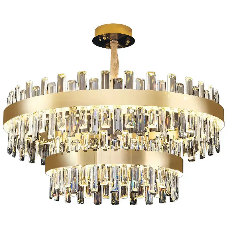 Gold-toned DecorBites crystal chandelier with two tiers of clear crystal rods for living room luxury lighting