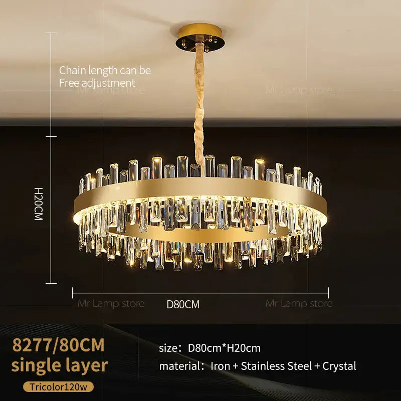 Gold-toned decorbites crystal chandelier with cascading crystal rods and twisted rope chain for living room lighting