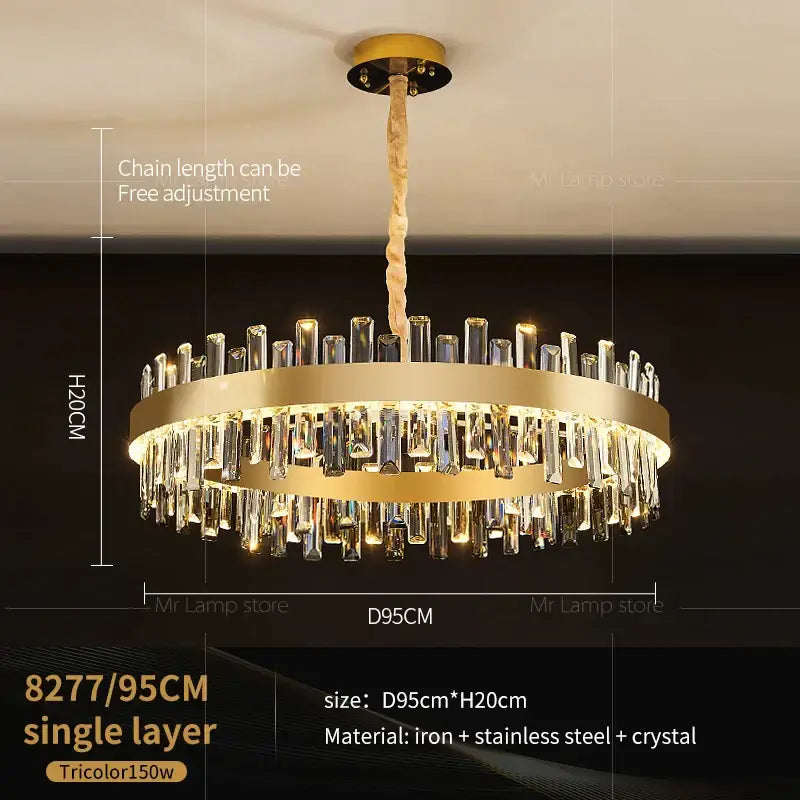 Gold-toned decorbites crystal chandelier with cascading clear crystal rods and twisted metal chain for living room lighting