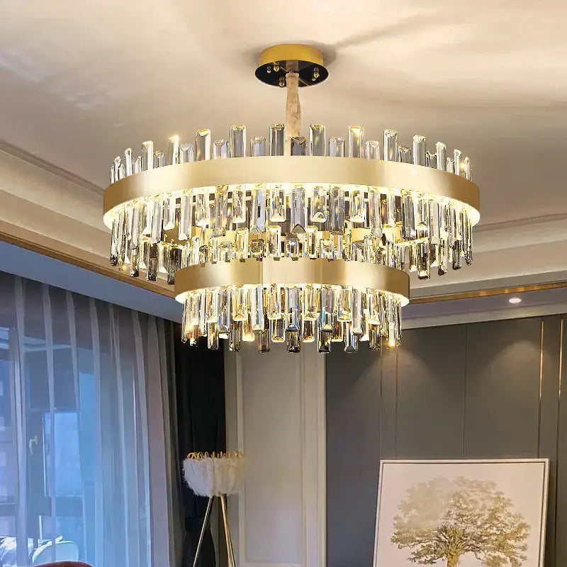 Gold-toned decorbites crystal chandelier with two tiers of clear crystal rods for living room and dining areas