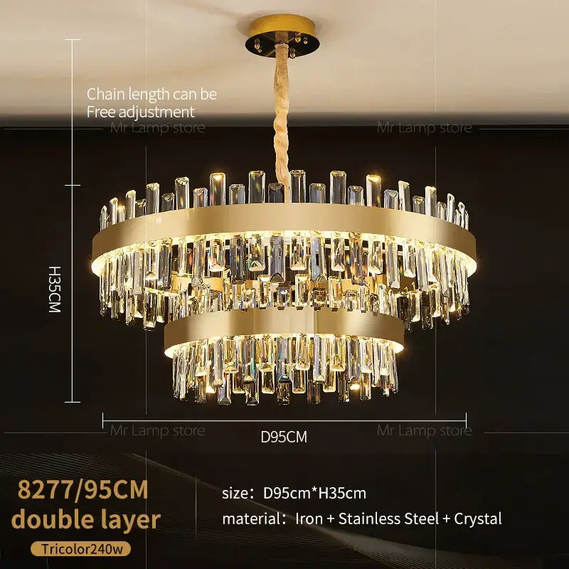 Gold double-layer crystal chandelier with cascading rods and twisted chain suspension for living room by decorbites
