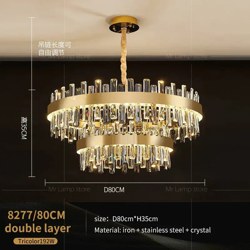 Gold double-layer decorbites crystal chandelier with cascading crystal rods and twisted rope pendant for living room