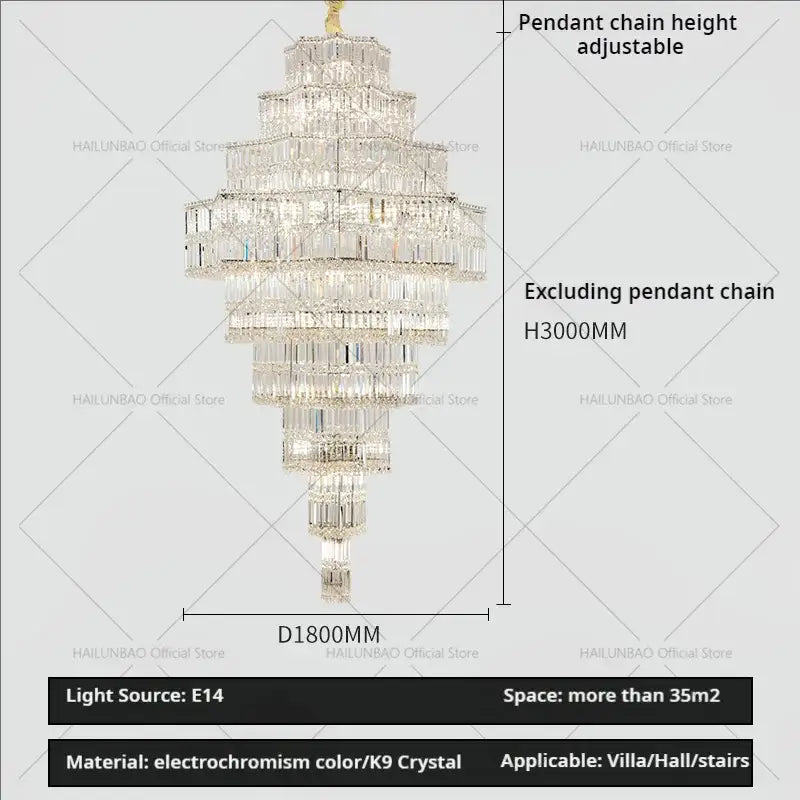 DecorBites crystal chandelier multi-tiered adjustable pendant chain crystal chandelier for European duplex villa hall luxury