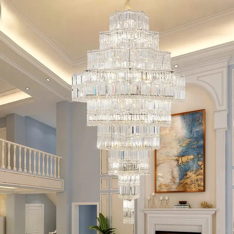 Decorbites crystal chandelier with cascading rectangular prisms in a post-modern european duplex villa living room
