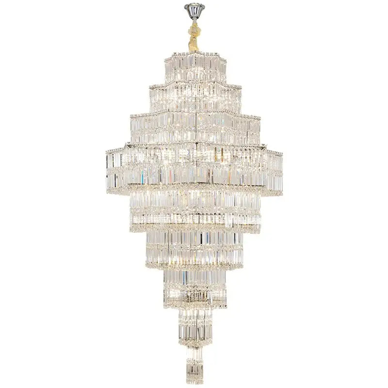 DecorBites crystal chandelier with cascading rectangular prisms and polished brass finish for luxury living room use
