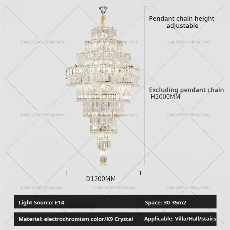 A multi-tiered decorbites crystal chandelier with gold-toned top and cascading clear k9 crystals for luxury living room