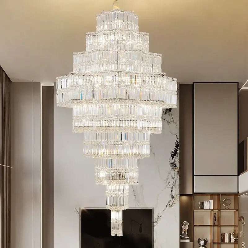 DecorBites crystal chandelier with cascading rectangular prisms in clear crystal for European duplex villa living room