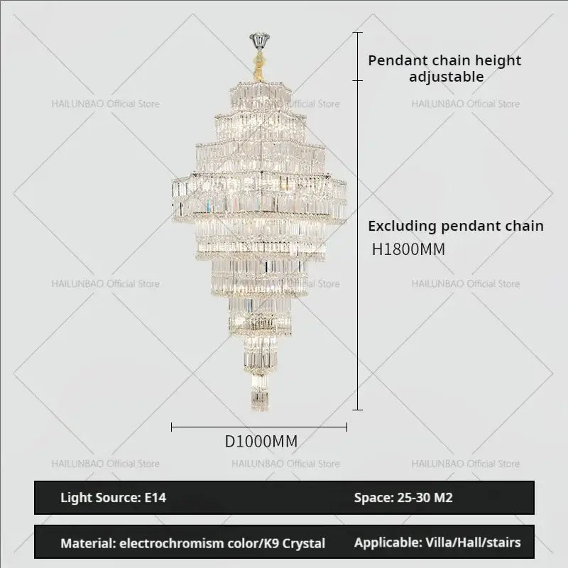 Decorbites crystal chandelier with gold-toned top and electrochromism k9 crystal tiers for luxury villa lighting