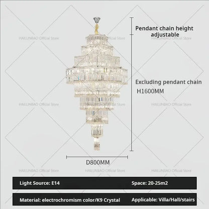 Multi-tiered decorbites crystal chandelier with gold-toned top and electrochromism k9 crystal tiers for villa halls