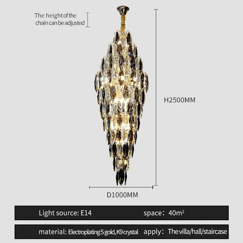 A decorbites crystal chandelier with cascading clear and dark crystal beads on an electroplated gold chain