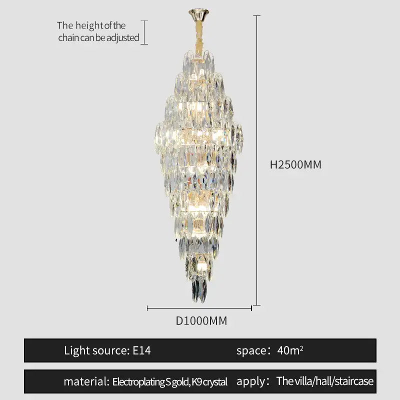 A tall elegant decorbites crystal chandelier with gold-toned electroplated frame and clear k9 crystals for luxe decor