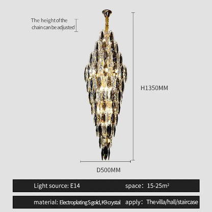 A decorbites crystal chandelier with gold-plated frame and cascading clear and dark k9 crystals for luxe villa decor